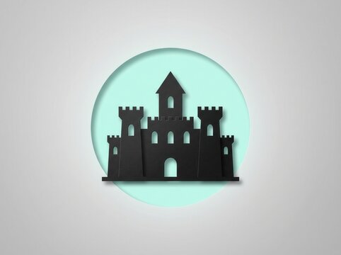 Black silhouette of a medieval castle fortress on a circular light blue