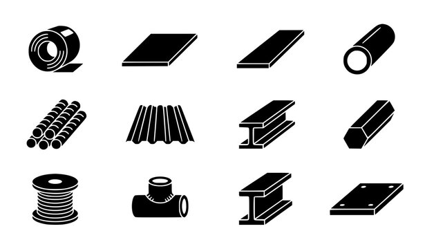 Steel and Metal Industry Glyph Icon Set with Beam Sheet Pipe Roll Wire Rod Hex Bar and Corrugated Metal Symbols