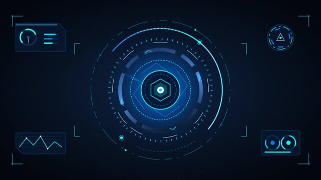 Futuristic HUD interface with spinning circles and data graphs on dark background