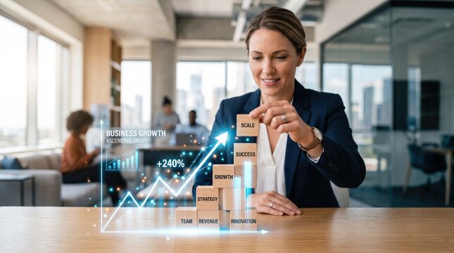 Businesswoman stacking wooden blocks with text like scale and success, illustrating business growth strategy and ascending trend chart.