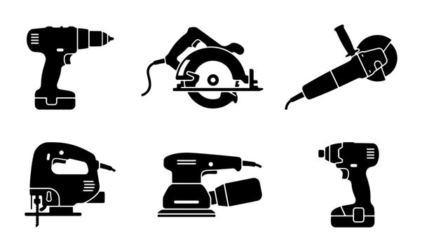 Power Tool Icons Set: Drill, Saw, Grinder, Jigsaw, Sander, Impact Driver, DIY, Construction