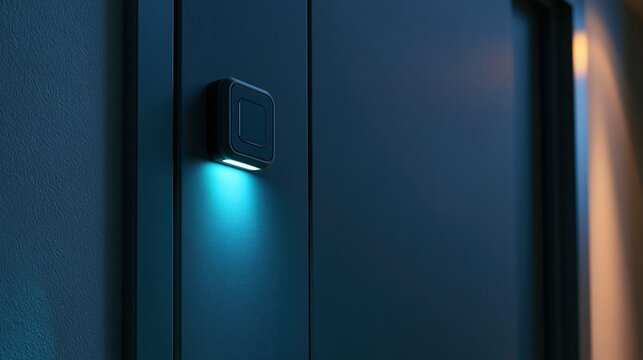 Low angle looking up at a badge reader mounted at hip height beside a plain wall