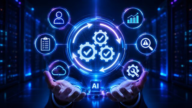 AI-powered automation and integrated business process optimization displayed on a holographic interface, driving digital transformation for future growth and efficiency.