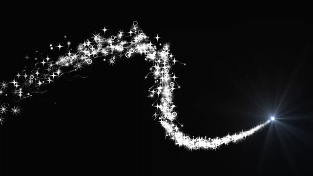 Luxury white glitter sparkle trail animation, twinkling particles, glowing spiral star dust, magical glitter line effect on seamless black screen in 4k video