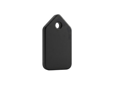 Dark gray metal tag with a single hole on transparent background