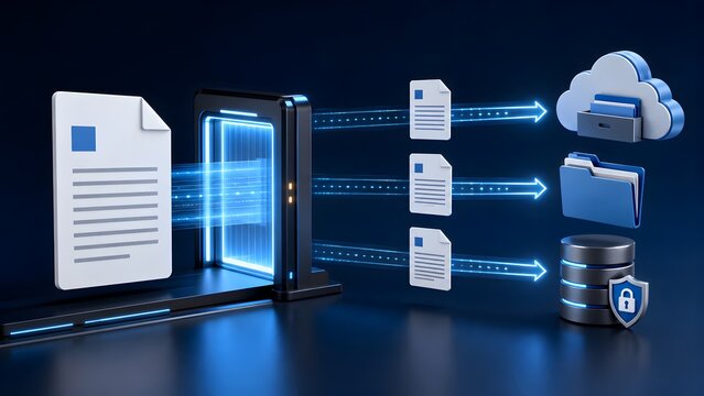 Cloud data migration concept with digital documents passing through glowing gateway portal to secure online storage and database folders