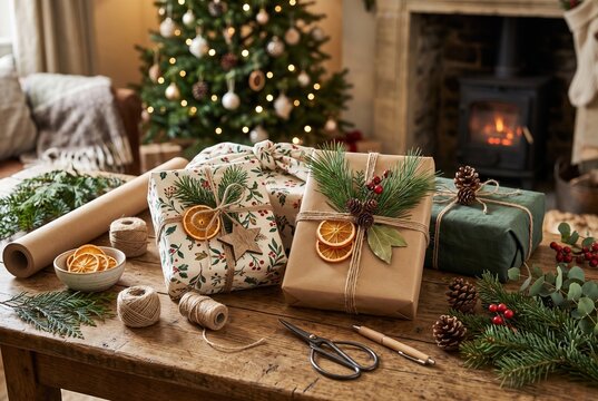 Wrapped gifts sit on a wooden table in a cozy room. A Christmas tree with ornaments is in the background. A fireplace glows softly. Natural decorations are on the presents