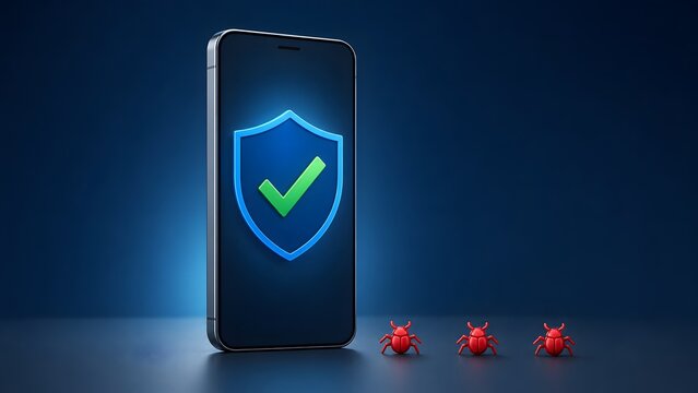 Mobile cybersecurity antivirus concept showing smartphone protected by glowing shield blocking malicious malware bugs