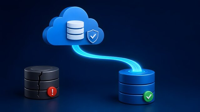 Cloud data backup and disaster recovery concept showing secure database migration avoiding broken server failure