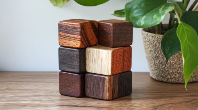 Wooden cubes stacked with houseplant in the background