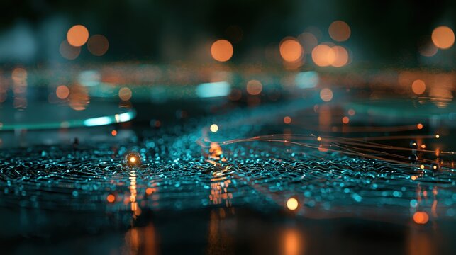 Low camera angle just above a glossy black reflective floor with soft cyan light beyond