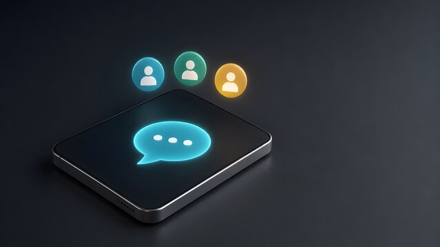 Mobile group chat application concept with smartphone displaying message icon connecting diverse user avatars