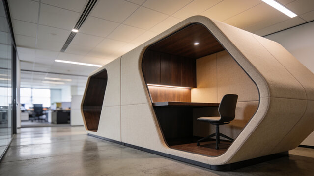 Modern office interior featuring a sleek minimalist quiet booth with integrated desk and seating for focused work