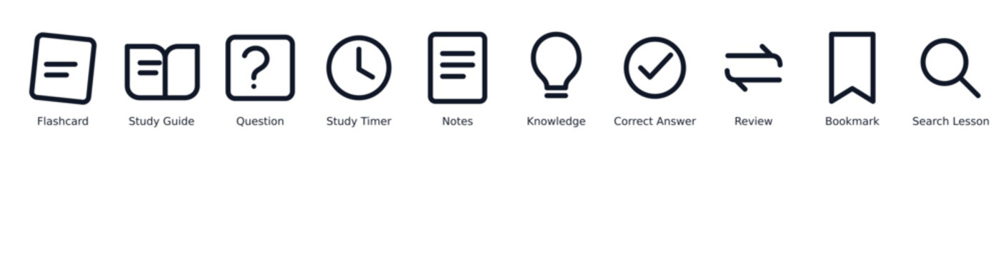 Study tools icon set featuring flashcards, study guides, questions, timers, notes, knowledge, correct answers, review, bookmarks, and lesson search. Minimal outline vector icons for students, e-learni