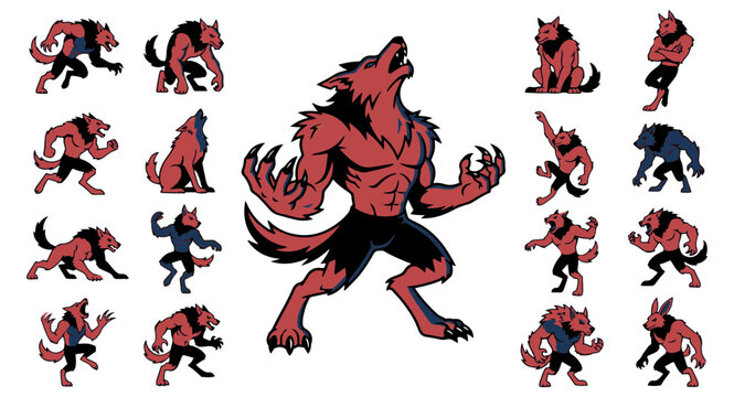 Fierce red werewolf character collection featuring various aggressive poses and action stances displayed in a detailed vector illustration style with sharp claws and muscular anatomy suitable for gami