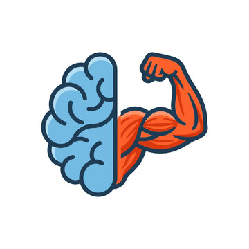 Illustration of a human brain and muscular arm flexing to represent mental and physical power.