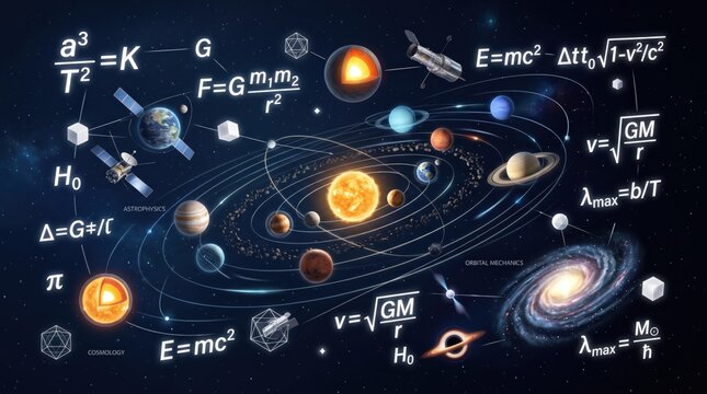 Astronomy and physics educational featuring the solar system, planets, galaxies, and scientific formulas like E=mc2, representing space exploration, cosmology, orbital mechanics