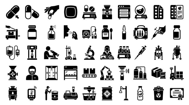 Pharmaceutical manufacturing and laboratory testing solid icon set. Includes symbols for pills, equipment, packaging, and safety for drug production and healthcare.