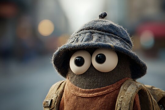 Whimsical puppet character with a hat and backpack in a blurry urban background, creating a playful atmosphere.