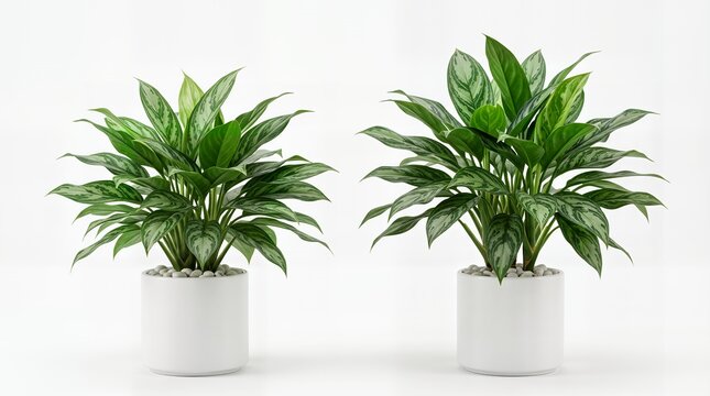 Pair of Aglaonema house plants in white ceramic pots with decorative pebbles isolated on white background