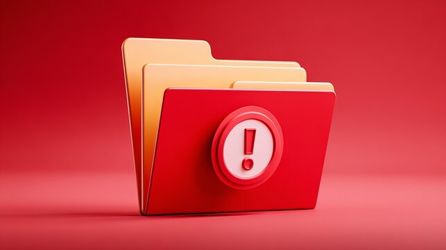 Red folder icon featuring an exclamation mark symbol displaying important digital data storage system concept art