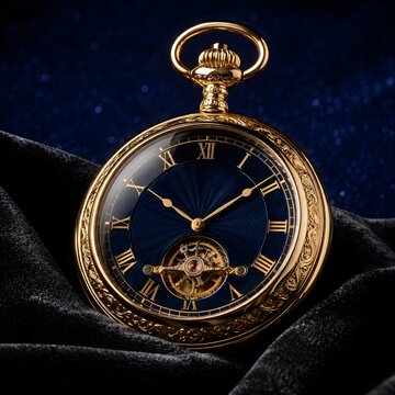 Vintage Gold Pocket Watch with Dark Roman Numeral Dial on Ornate Background