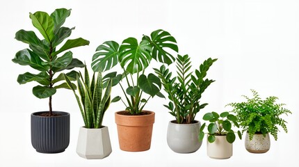 Fototapeta premium Variety of indoor green houseplants in stylish pots including Monstera and Snake Plant isolated on white