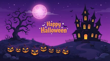 Fototapeta premium Spooky halloween background featuring a haunted castle silhouette with glowing pumpkins and a full moon in purple sky
