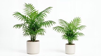 Fototapeta premium Two lush green parlor palm plants in minimalist white ceramic pots on a bright white background