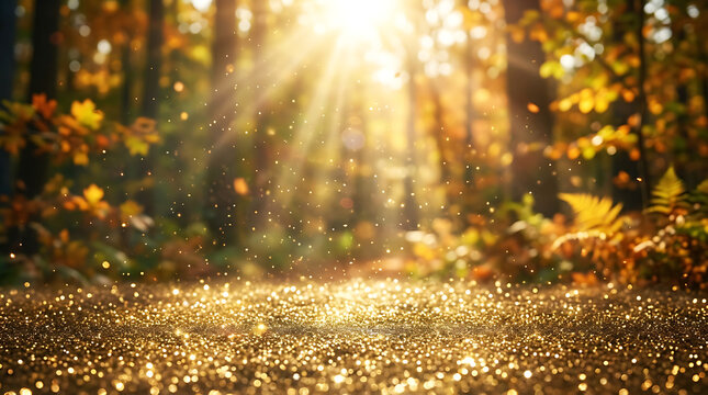 Golden Sunlight Filtering Through Autumn Forest Trees With Sparkling Magical Particles on the Ground