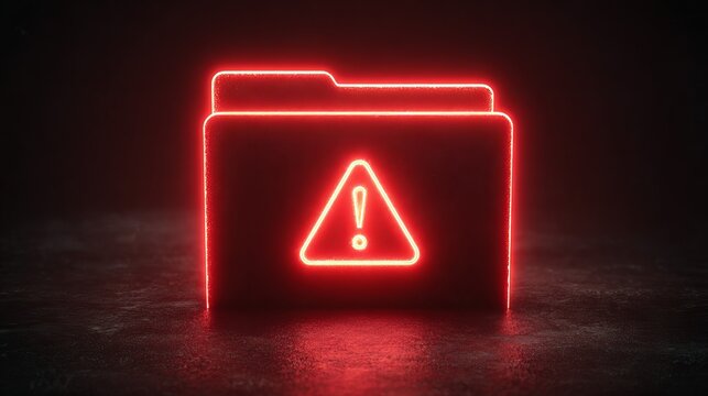 Bright red neon folder icon featuring a glowing triangular warning sign isolated on dark surfaces