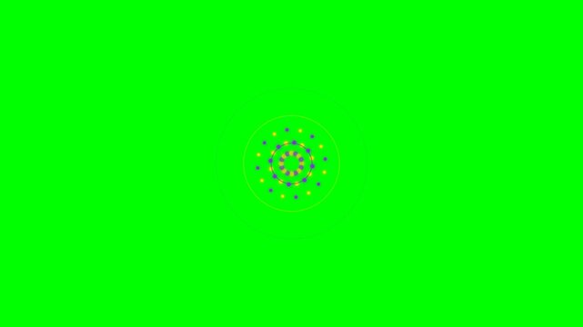 Abstract circular pattern with purple and yellow dots on green background