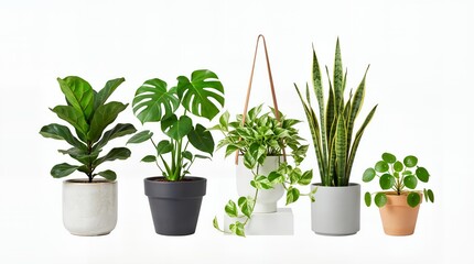 Fototapeta premium Collection of Popular Potted Houseplants Including Monstera and Snake Plant Isolated on White Background