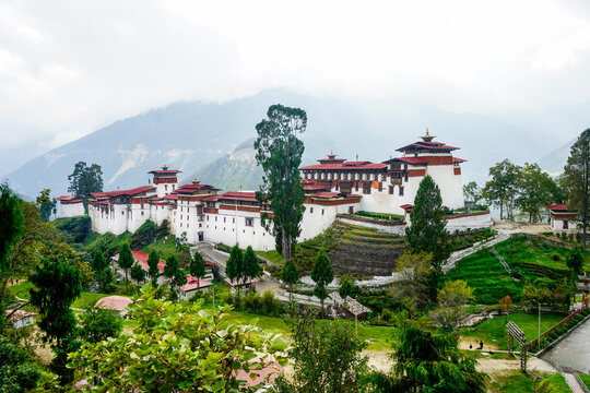 Central Bhutan, the Trongsa Dzong, the biggest forteress in Bhutan. Situated on hill and overlooking green the valley