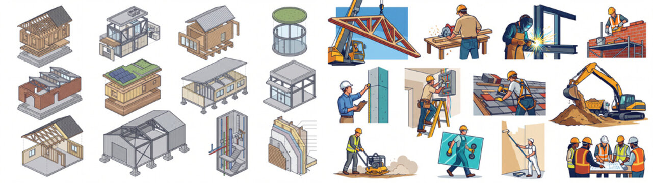 Construction Workers, Building Structures and House Framing Illustration Set