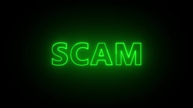 Green Neon &ldquo;SCAM&rdquo; Text Glowing on Dark Background Representing Fraud, Cybercrime, Deception, Financial Risk, Online Security, Warning, Fake Offers, and Digital Threats