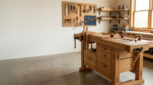Spacious workshop with a robust wooden workbench, various hand tools on a pegboard, and shelving with supplies.