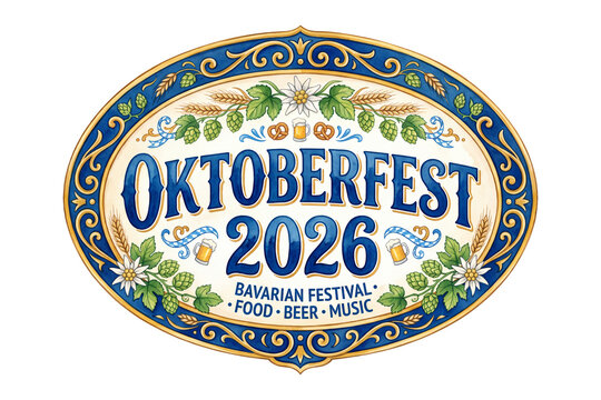 watercolor Oktoberfest 2026 sign illustration with Bavarian oval frame hops edelweiss and beer mugs isolated on transparent background