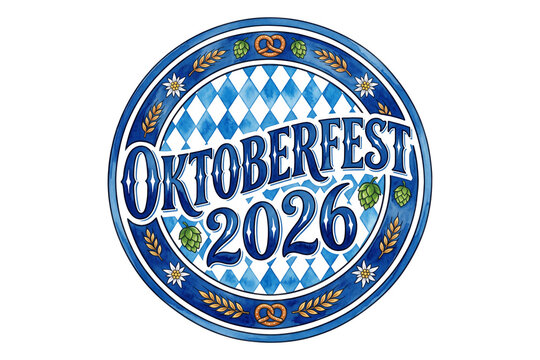 watercolor Oktoberfest 2026 emblem illustration with Bavarian diamond pattern hops pretzels and wheat in circular badge isolated on transparent background