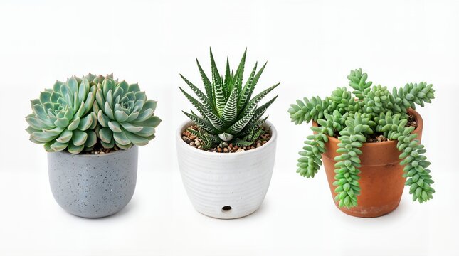 Three Assorted Potted Succulents with Echeveria, Zebra Haworthia, and Burros Tail Isolated on White Background