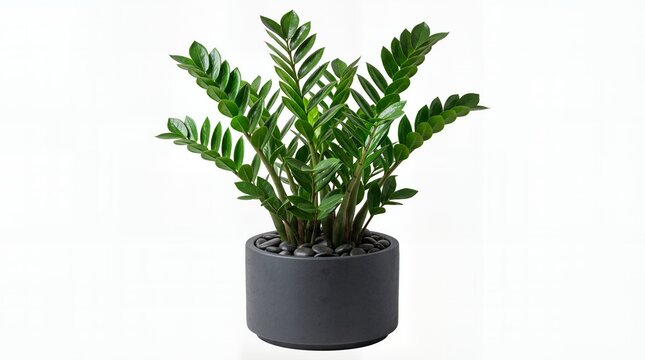 Lush ZZ Plant in Modern Grey Ceramic Pot Isolated on White Background