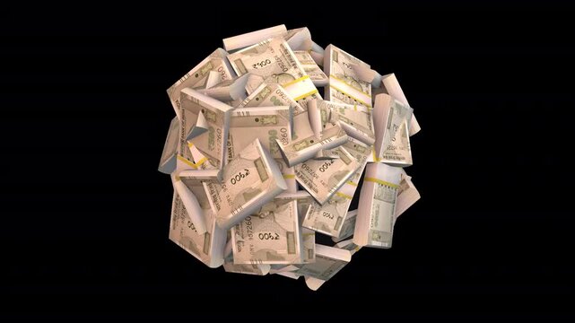 3D rotating sphere made of bundled 500 Indian rupee notes, creating a seamless money loop animation. Ideal for finance, banking, investment, wealth, business, savings and Indian economy projects.