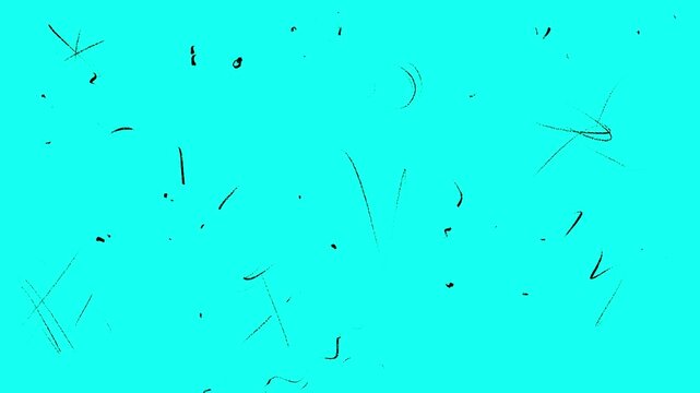 Animation of dots, scratches and lines on a blue screen. Film damage effect and retro nostalgia. Stock video with scuff marks in 4K.
