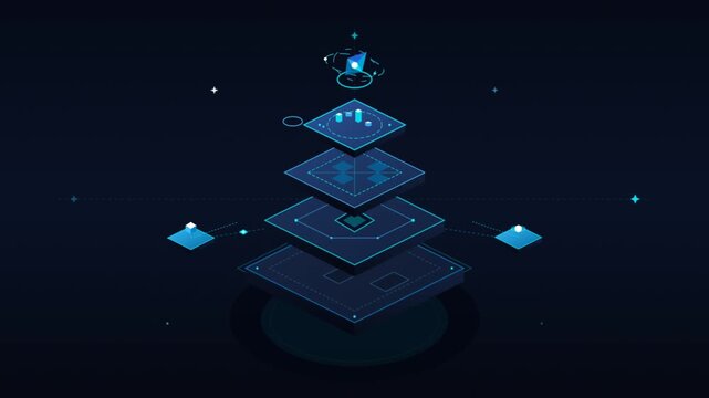 Isometric Data Architecture Layer Animation with Glowing Tech Elements