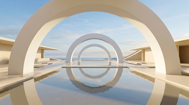 Symmetrical architectural archway over a serene infinity pool at sunset with architecture infinity reflection minimalist geometric building
