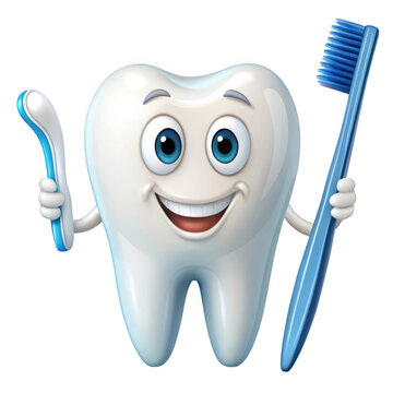 Happy cartoon tooth character holding toothbrush and toothpaste