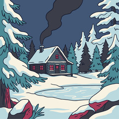 A cozy snowy log cabin with warm glowing windows and smoke from the chimney at dusk, Winter vector scene illustration.