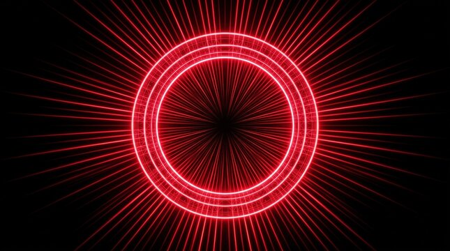 Abstract red neon circle tunnel with radial lines, futuristic cyberpunk aesthetic, sci-fi portal or gateway, digital grid texture, laser light effect for technology or music