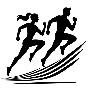 Running man and woman, isolated vector silhouettes. Run, side view. Silhouettes of athletic looking male and female runners running. JPEG version.