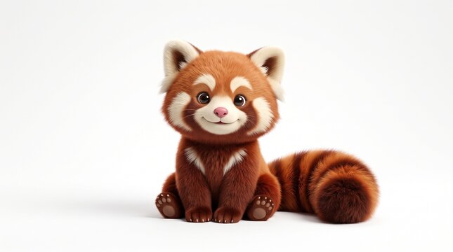 Adorable Red Panda Illustration: A cute, stylized red panda with bright eyes and a bushy, ringed tail sits patiently, looking forward with a sweet smile.